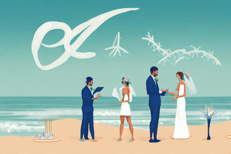 A beach wedding scene with a woman wearing a romper