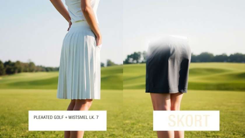Woman choosing between golf skirt and skort on course.