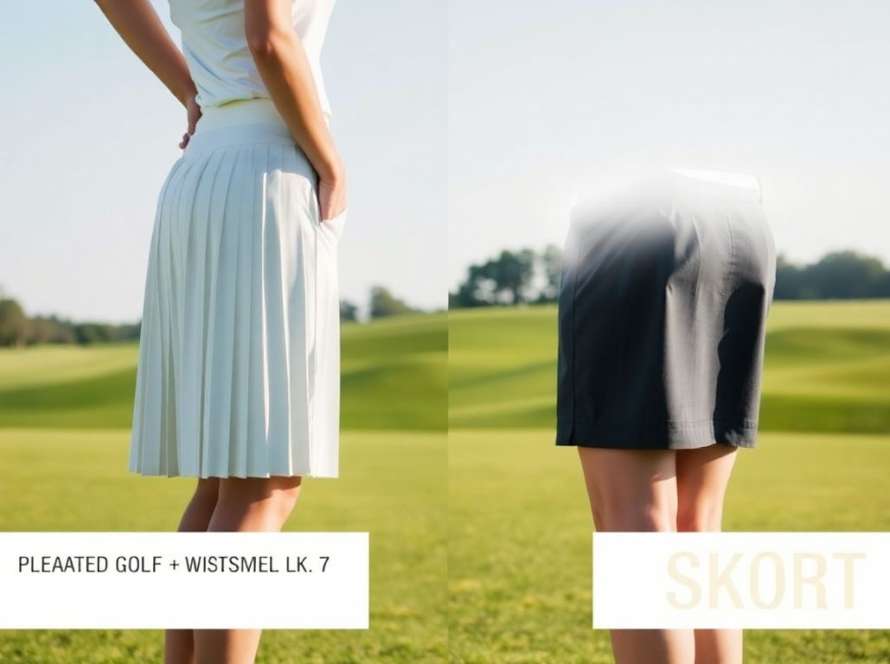 Woman choosing between golf skirt and skort on course.