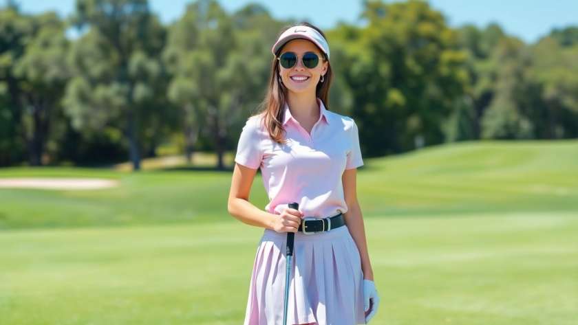 Woman in cute golf outfit on a sunny golf course.