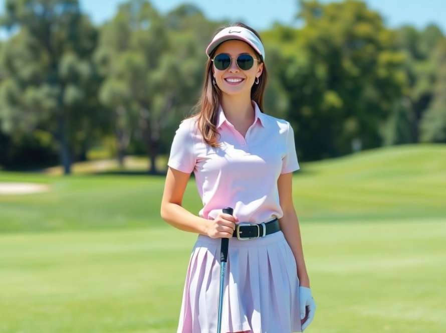 Woman in cute golf outfit on a sunny golf course.