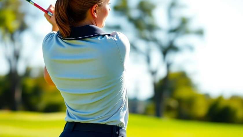 Woman golfer in polo shirt swinging club on course.