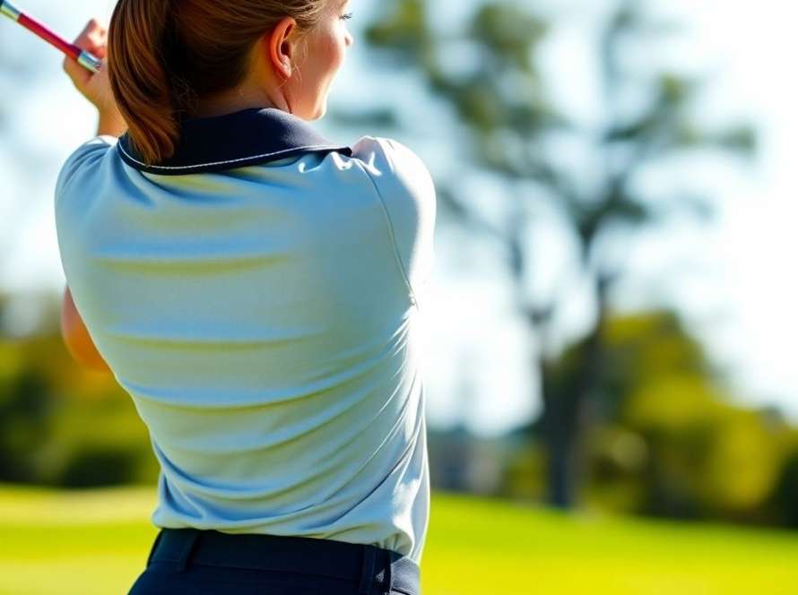 Woman golfer in polo shirt swinging club on course.