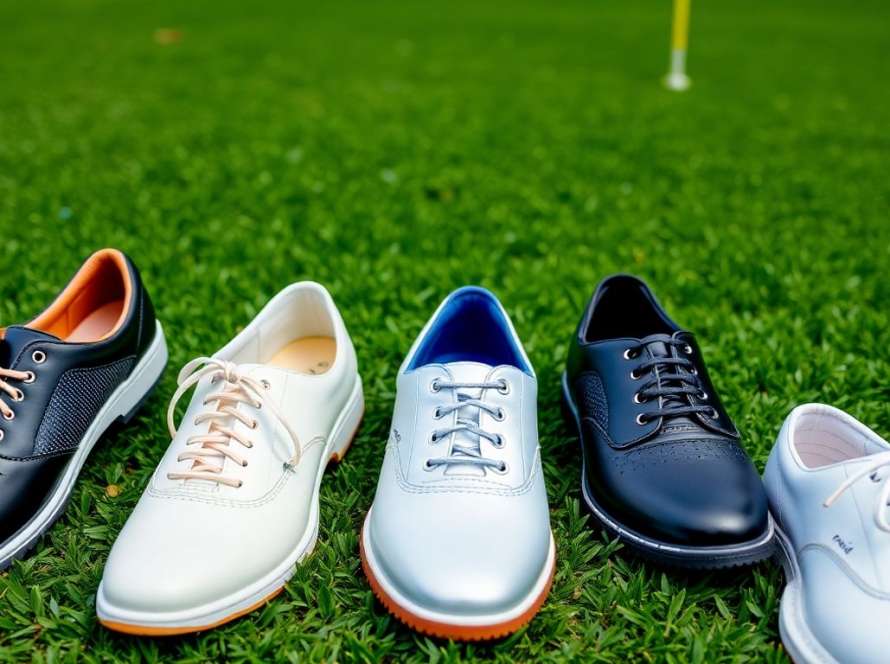 Stylish women's golf shoes on a green golf course.