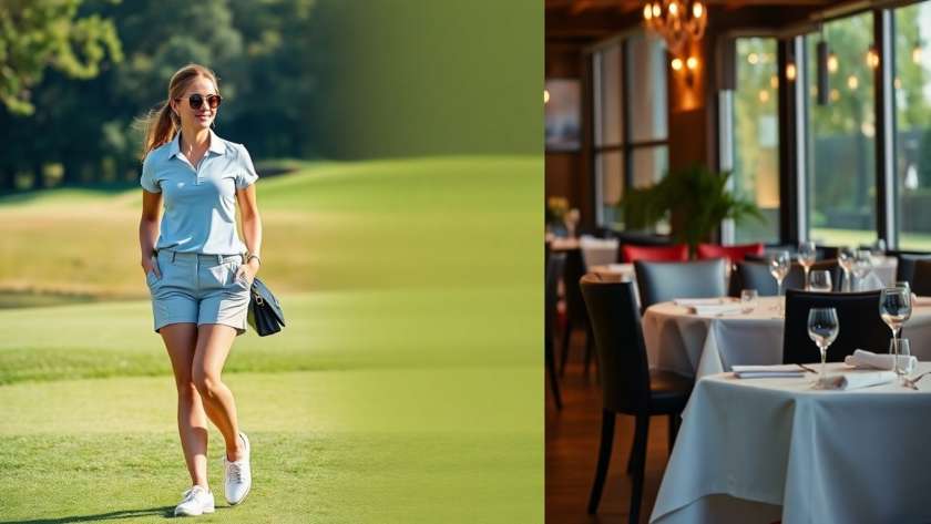 Woman in golf outfit from course to dinner