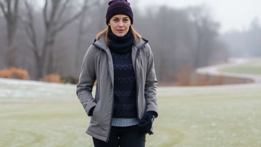 Woman golfer layering clothes for cold weather on a frosty course.