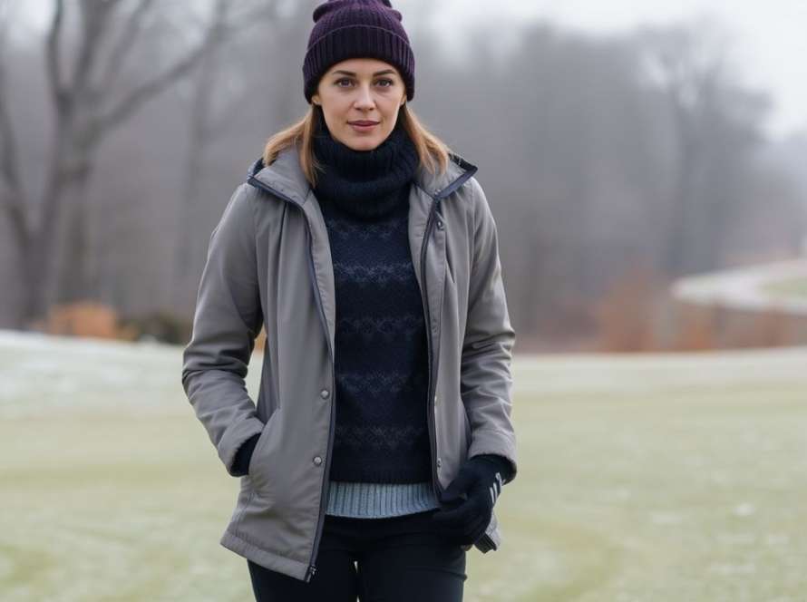 Woman golfer layering clothes for cold weather on a frosty course.