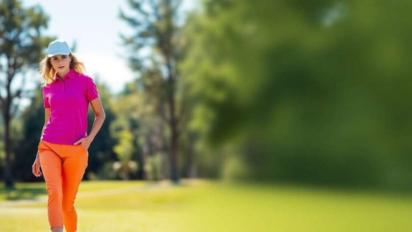 Woman in trendy 2025 golf fashion on course.