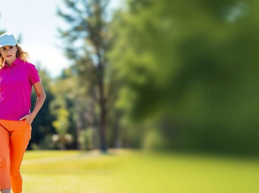 Woman in trendy 2025 golf fashion on course.