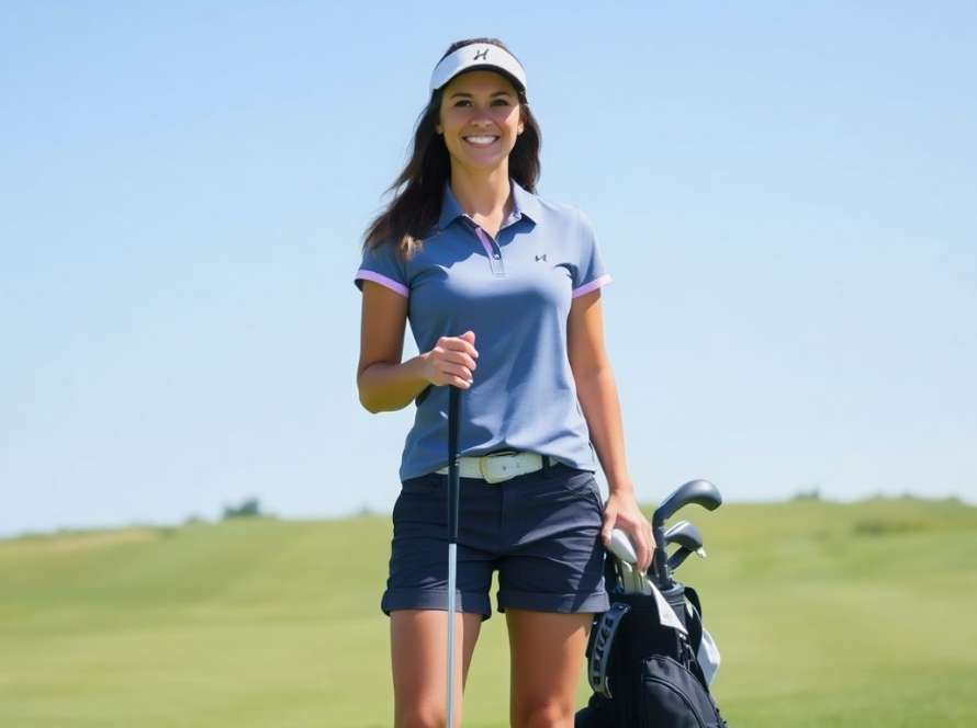 Woman in golf attire on a sunny golf course.