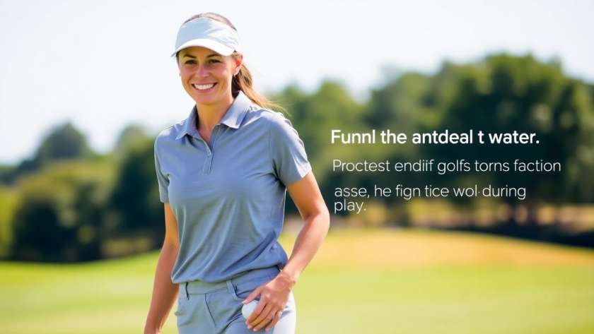 Woman in comfortable golf clothes on a sunny golf course.