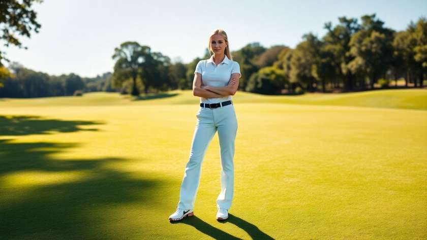 Tall woman in long golf pants on a sunny golf course.