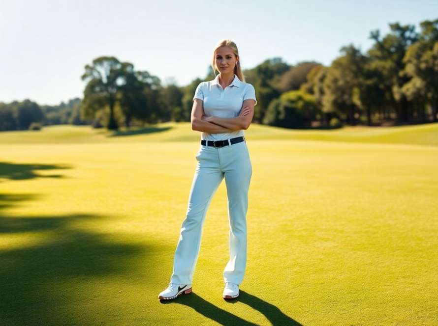 Tall woman in long golf pants on a sunny golf course.