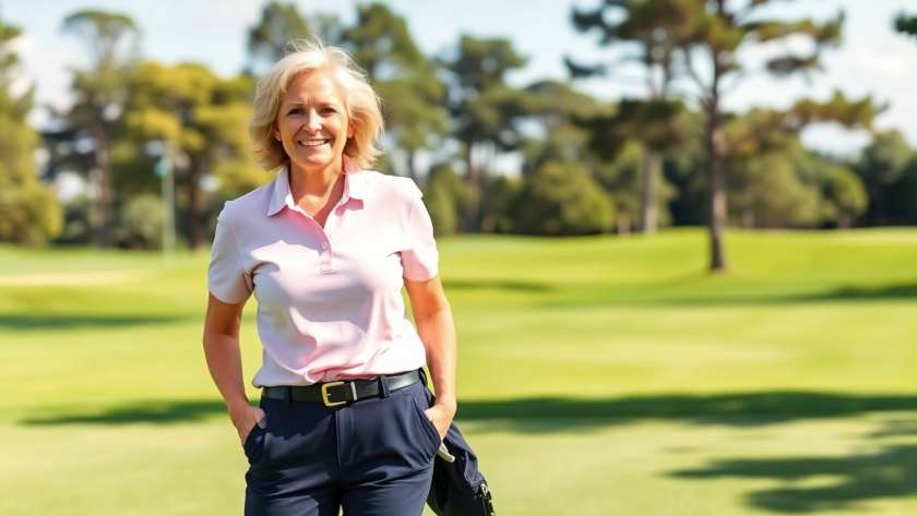 Woman over 50 in stylish golf attire on course.