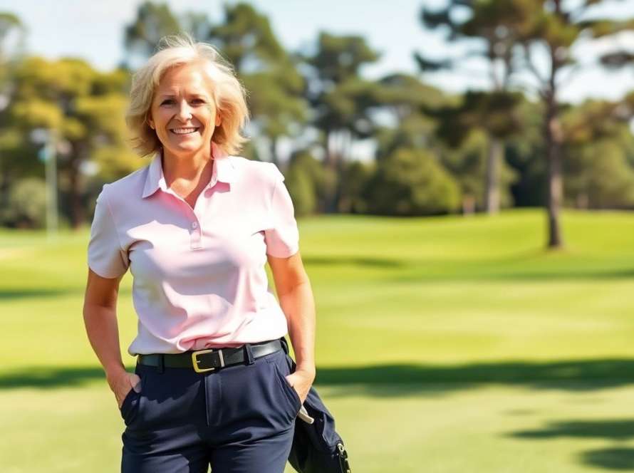Woman over 50 in stylish golf attire on course.